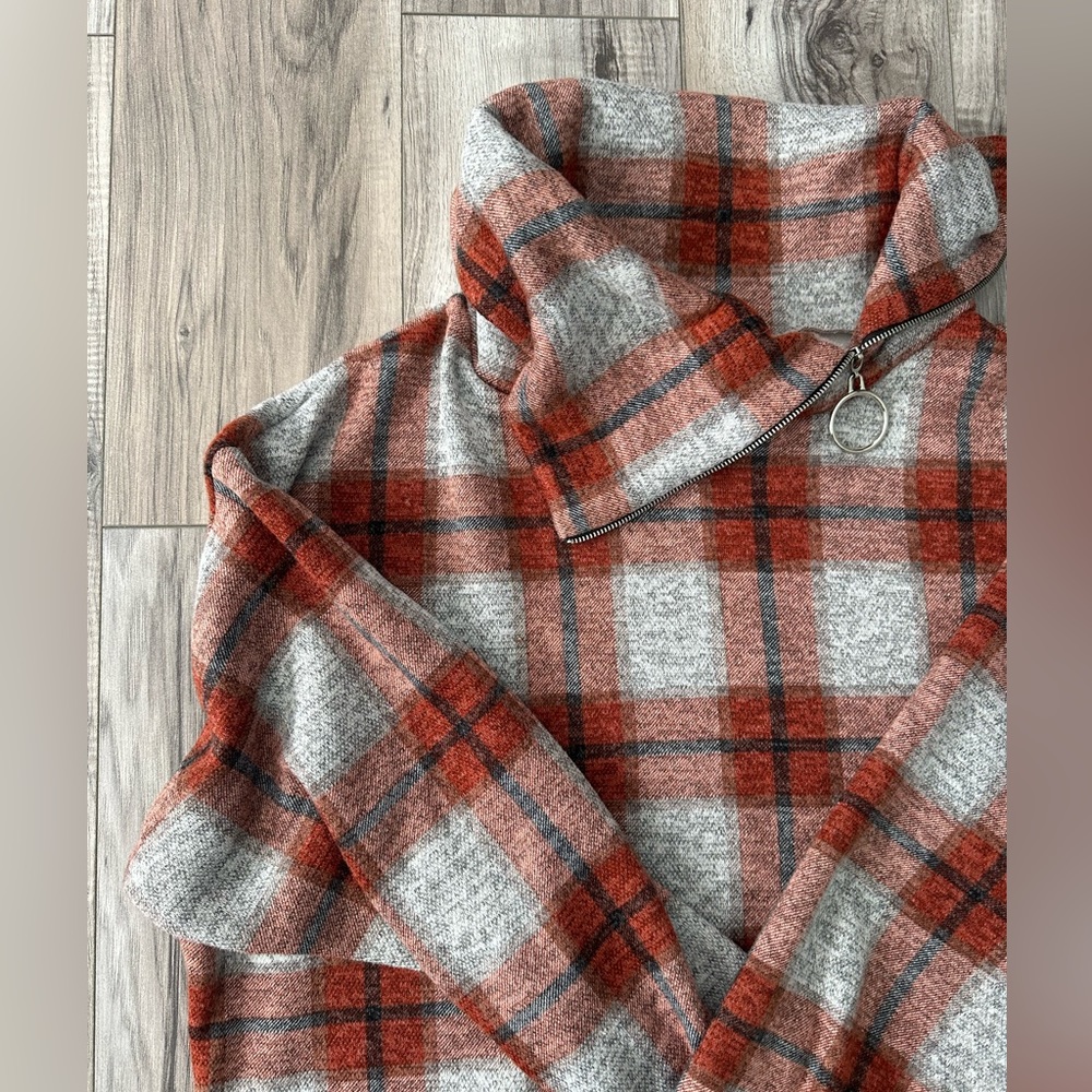 White Birch Plaid Cowl Neck Sweater Sweatshirt  Zip Detail Gray/OrangeSz L - Picture 2 of 7